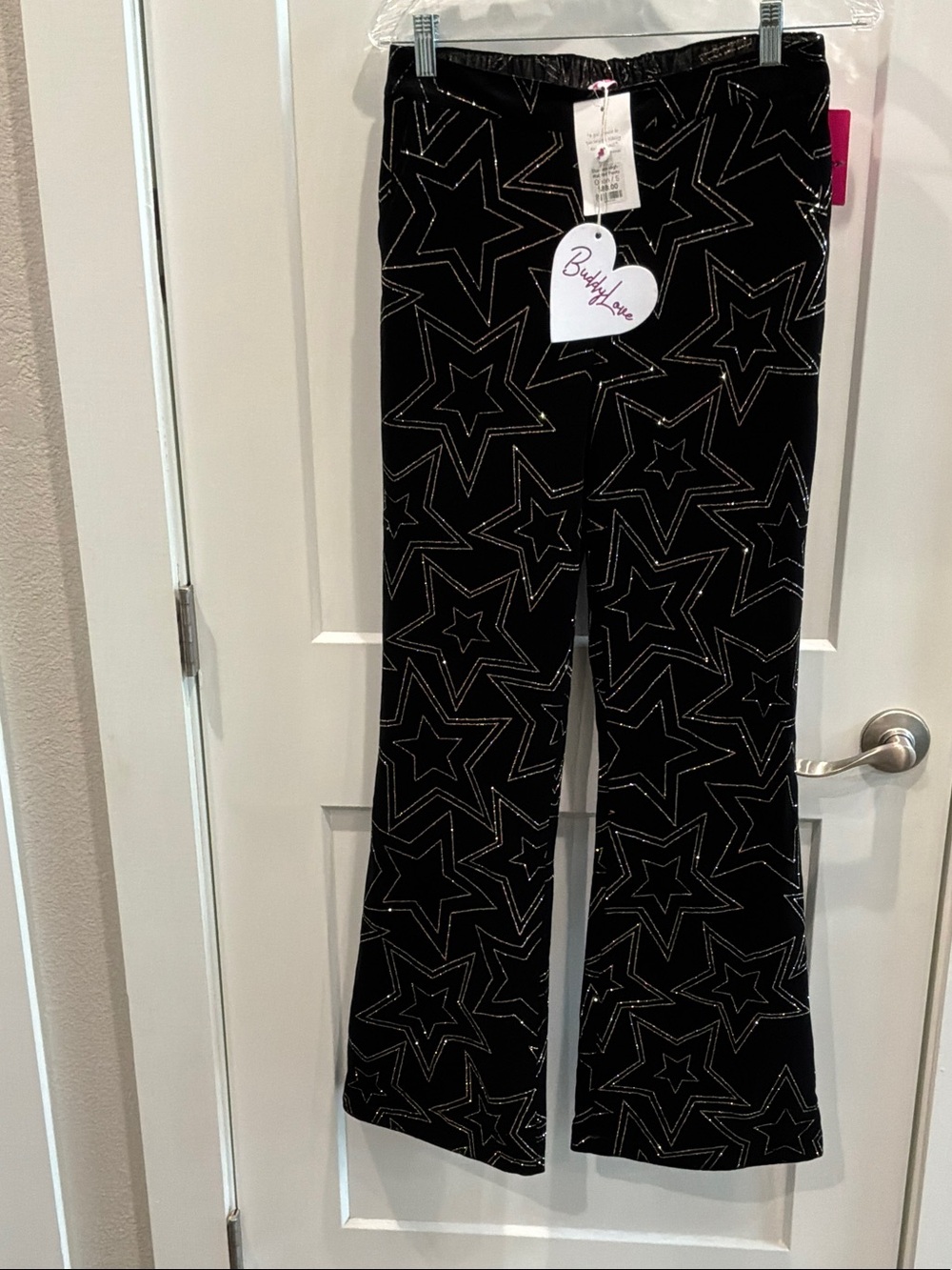 NWT Buddy Love Small Black Track Pants Joggers Silver Star Stitching Pockets